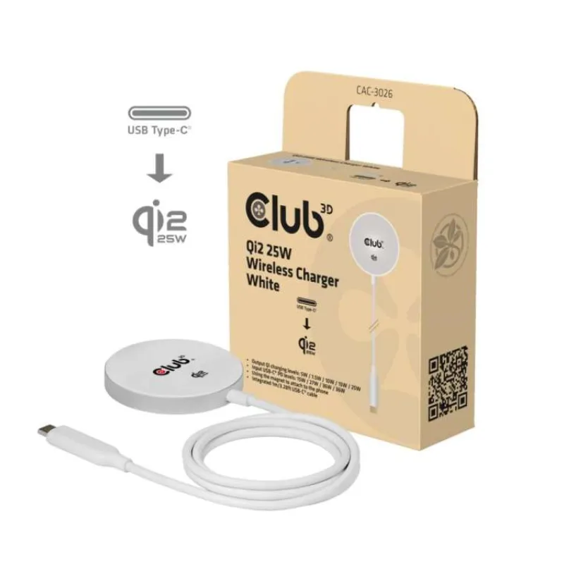 Club3D Bezdrátová nabíječka, 1x Qi2 25W, MagSafe, Qi certifikováno, bílá (CAC-3026)