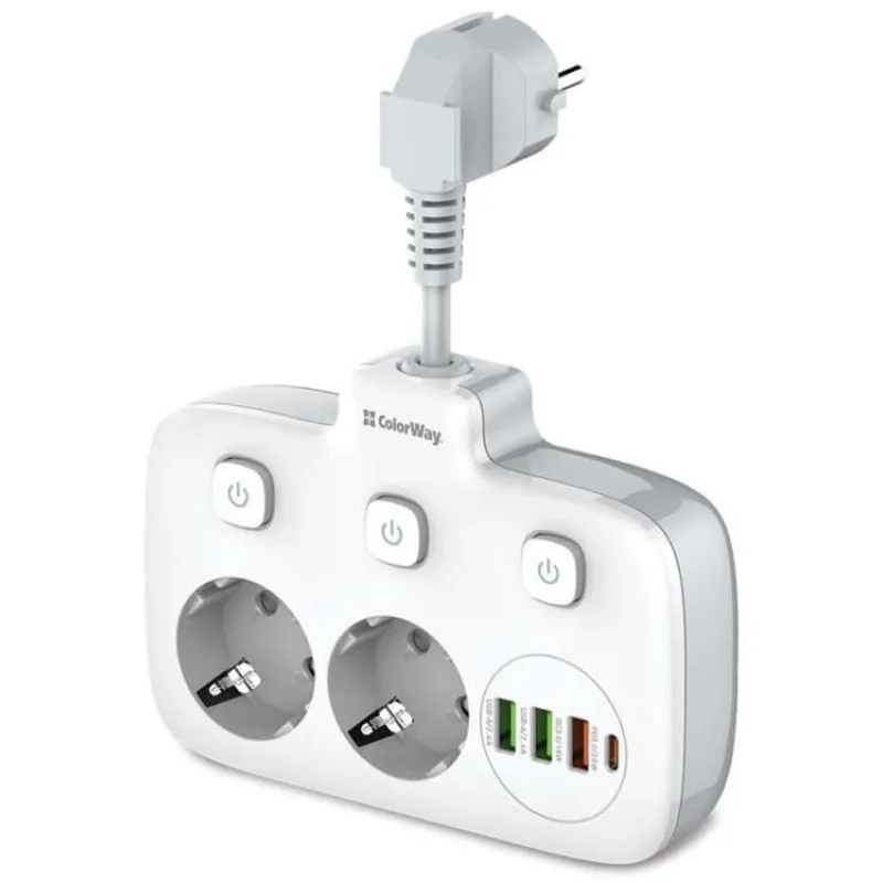 COLORWAY Prodlužovací napájecí přívod/ 2x Schuko/ 3x USB-A/ 1x USB-C / kabel 2,5cm (CW-CHE24PDW)