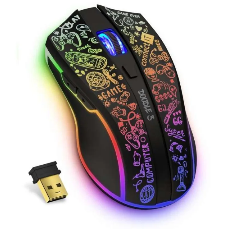 CONNECT IT DOODLE 3 bezdrátová herní myš, rainbow podsvícení, 4800Dpi, ČERNÁ (CMO-3530-DD)