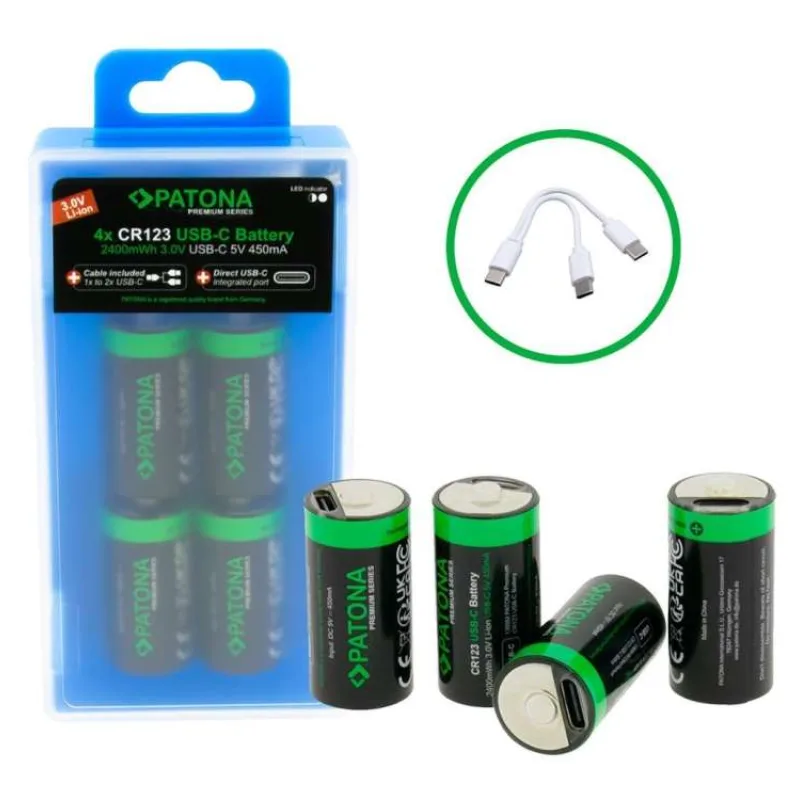 PATONA nabíjecí baterie CR123A Li-lon 800mAh 3,7V s USB-C nabíjením, 4ks v balení (PT1388)