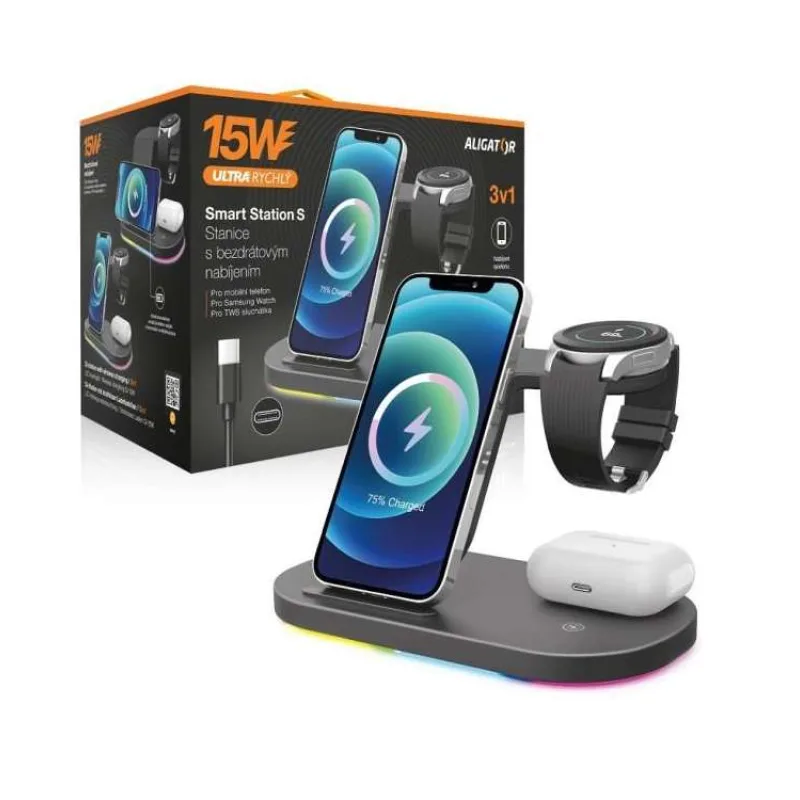 Aligator Stanica Smart Station S s bezdrôtovým nabíjaním 3v1, 15W (AS04BK)