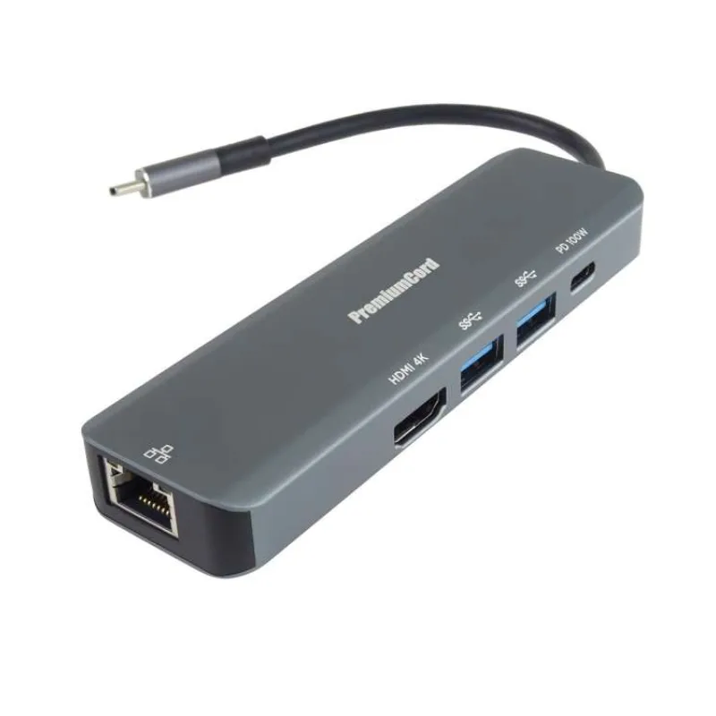 PremiumCord USB-C na HDMI + 2x USB3.2 + PD 100W+ RJ45 10/100/1000Mbps adaptér (ku31dock19)
