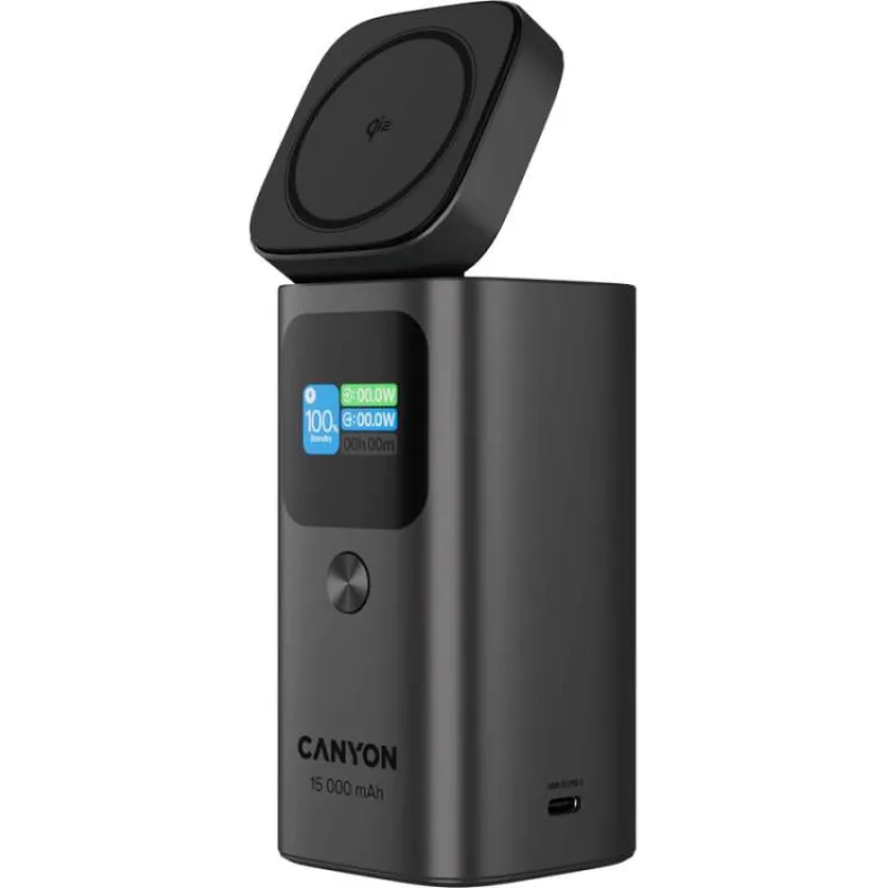 Canyon OnPower 150, Powerbank, 15.000 mAh, 100W, displej, in:USB-C, out:2x USB-C/1xUSB-A, Qi2 bezdr. nabíjanie (CNS-CPB150DG)