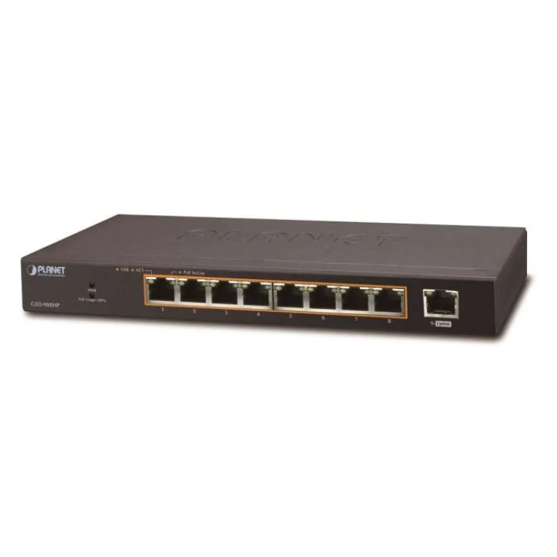 Planet PoE switch 1Gbps, 9xTP, 8xPoE 802.3at 30W/120W, fanless (GSD-908HP)