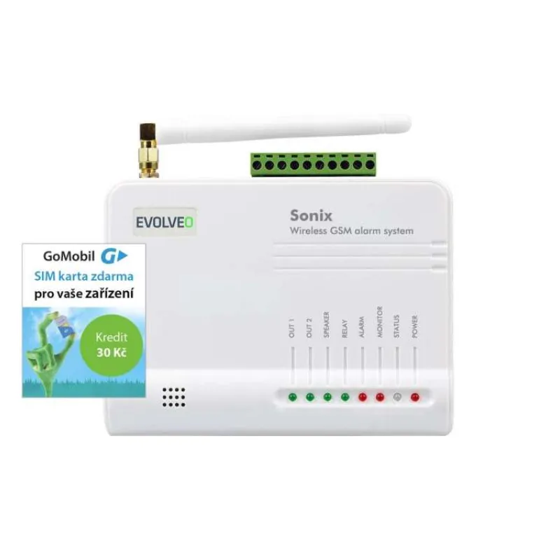 EVOLVEO Sonix - bezdrátový GSM alarm (4ks dálk. ovlád.,PIR čidlo pohybu,čidlo na dveře/okno,externí repro,Android/iPhone) + SIM (ALM301)