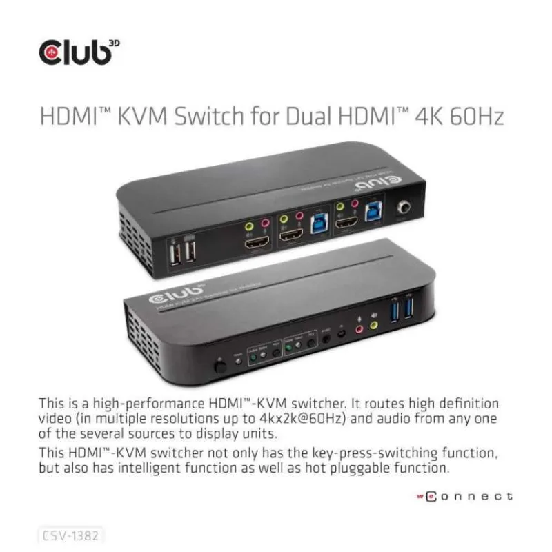 Sieťový prepínač Club3D - Prepínač, HDMI KVM prepínač - Dual HDMI 4K 60Hz (CSV-1382)
