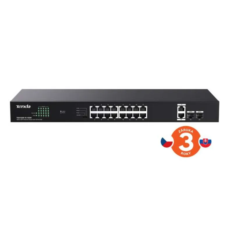 Tenda TEG1120P-16-150W PoE+ Gigabit switch 16x 1Gb/s PoE+ 802.3af/at + 2x SFP + 2x RJ45, 135W, Rack (75011997)