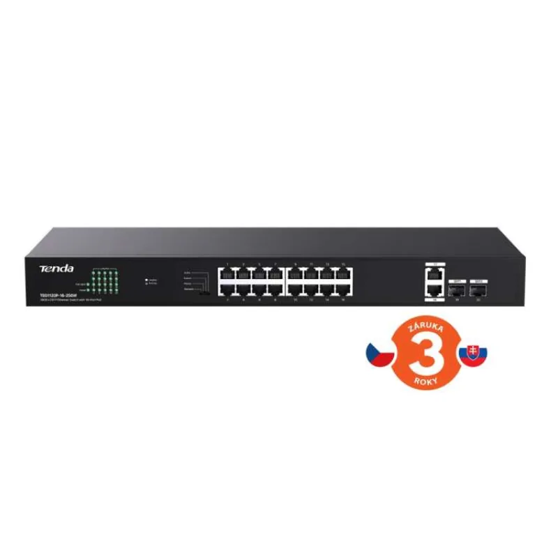 Tenda TEG1120P-16-250W PoE+ Gigabit switch 16x 1Gb/s PoE+ 802.3af/at + 2x SFP + 2x RJ45, 230W, Rack (75011996)