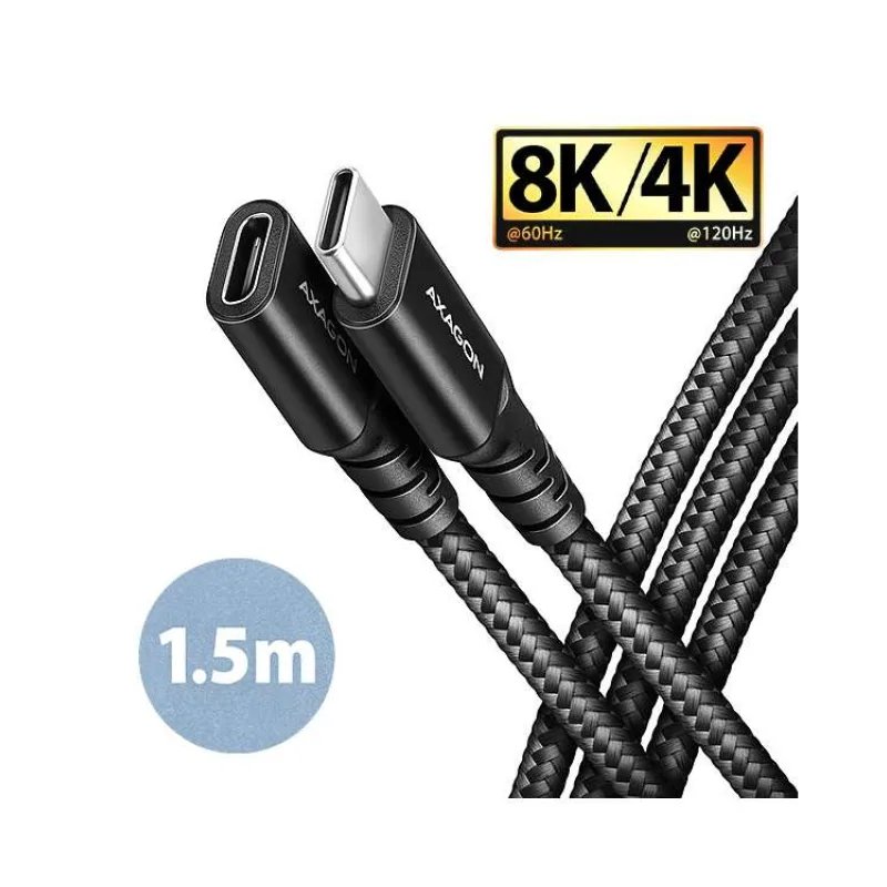 AXAGON BUCM32-CF15AB prodlužovací kabel USB-C (M) - USB-C (F), 1,5m, USB 20Gbps, PD 240W 5A, 8K HD, ALU, oplet, černý (BUCM32-CF15AB)