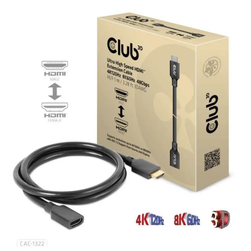 Club3D prodlužovací Ultra rychlý HDMI kabel, 4K120Hz, 8K60Hz, 48Gbps, M/F, 1m, 30 AWG (CAC-1322)