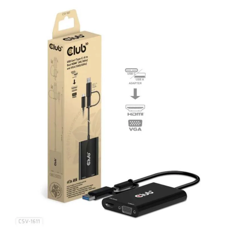 Club3D adaptér USB Gen1 Type-C/-A na duálny HDMI (4K/30Hz) / VGA (1080/60Hz) (CSV-1611)