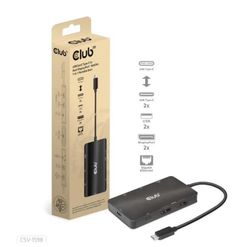 Club3D Dokovací stanice USB-C 7v1, 2xDP, 2xUSB-C, 2xUSB, 1xRJ45, černá (CSV-1598)