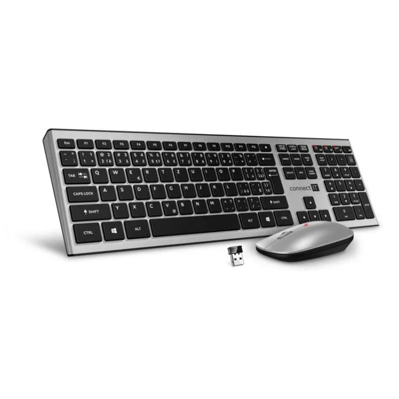 CONNECT IT Combo bezdrátová stříbrná klávesnice + myš, (+2x AAA +1x AA baterie zdarma), CZ + SK layout (CKM-9010-SL)