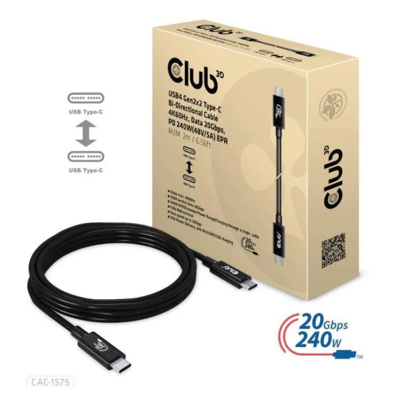 Club3D kabel USB4 Gen2x2 Typ-C, Oboustranný USB-IF Certifikovaný data kabel, Data 20Gbps, PD 240W(48V/5A) EPR M/M 2m (CAC-1575)