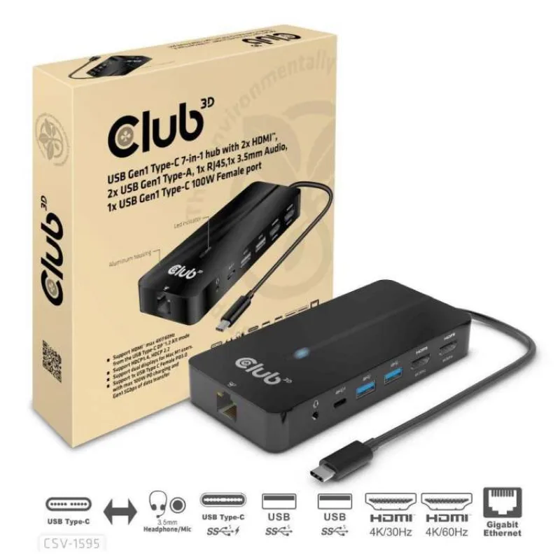 Club3D hub USB-C, 7-in-1 hub s 2x HDMI, 2x USB Gen1 Type-A, 1x RJ45, 1x 3.5mm audio, 1x USB Gen1 Type-C, 100W PD (CSV-1595)