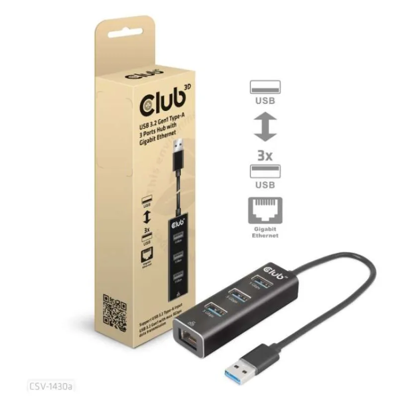 Club3D Rozbočovač, USB-A 3.2 Gen1 na 3x USB 3.1, Gigabit Ethernet (CSV-1430a)