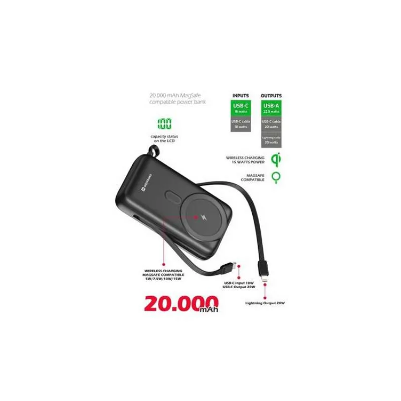 SWISSTEN POWER BANK 20000 mAh PD 20W S INTEGROVANÝMI KABELY USB-C A LIGHTNING (kompatibilní s MagSafe) (22013934)