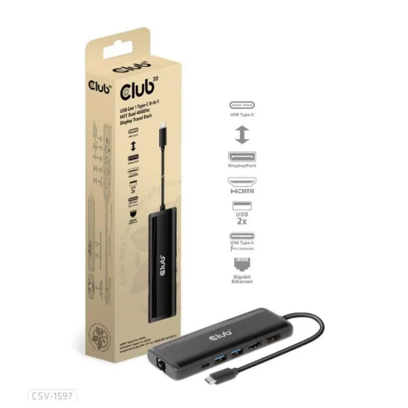 Club 3D Dokovací stanice USB-C 8v1, 1xDP, 1xHDMI, 1xUSB-C PD100W, 2xUSB, čtečka SD karet, šedá (CSV-1597)