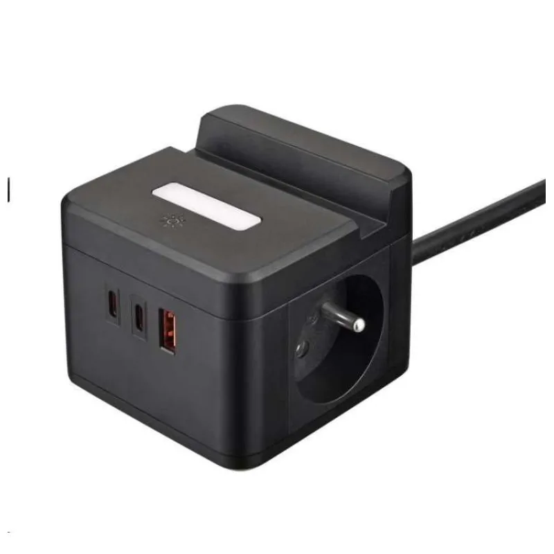 Viking síťový adaptér YC23H, 2x 230 V, 1x USB-A, 2x USB-C, dotykové světlo, funkce stojánku, černá (VYC23HB)