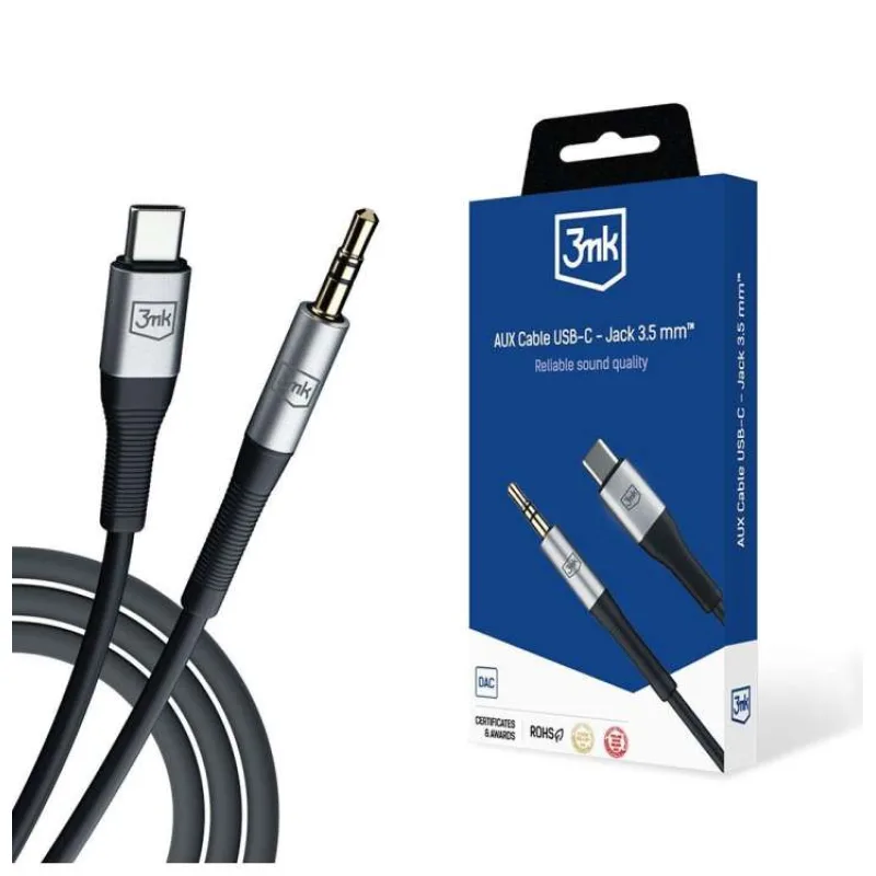 3mk audio kabel - AUX Cable USB-C - Jack 3,5 mm, 1m, černá (5903108528788)