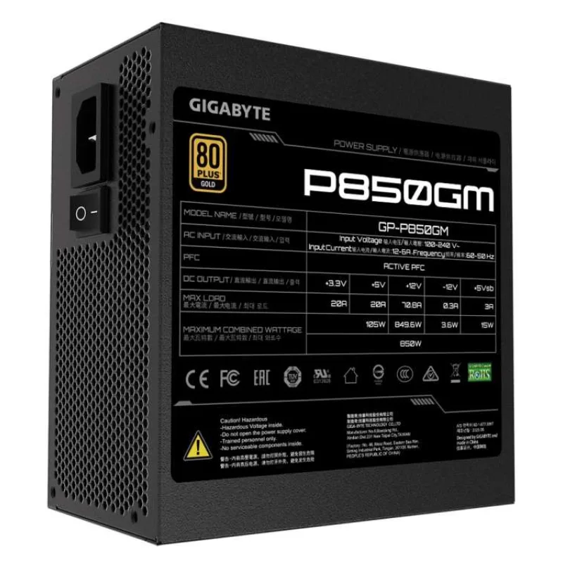 Napájací zdroj GIGABYTE P850GM, 850W, 80plus gold, modulárny, 120 mm ventilátor (GP-P850GM)
