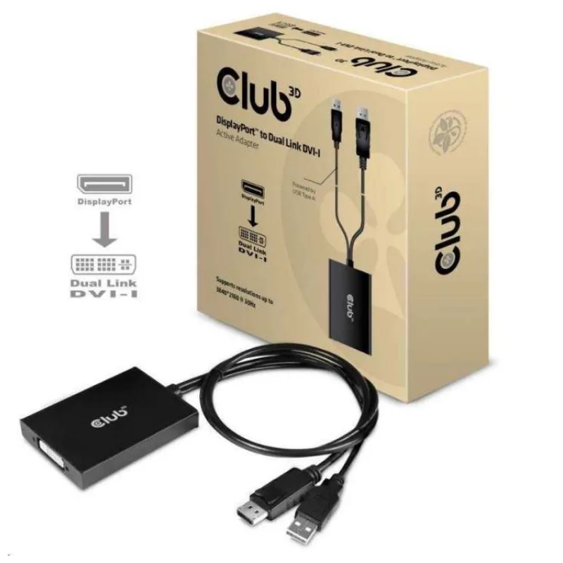 Club3D Aktívny adaptér DisplayPort na Dual Link DVI-D, napájanie USB, 60 cm, HDCP ON (CAC-1010)