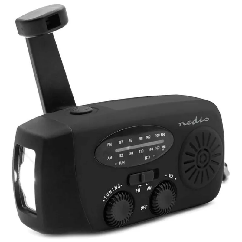 NEDIS přenosné nouzové rádio/ napájení z baterie 2000mAh/ z USB/ AM/ FM/ funkce powerbanky/ USB-C/ černé (RDFMCR2000BK)
