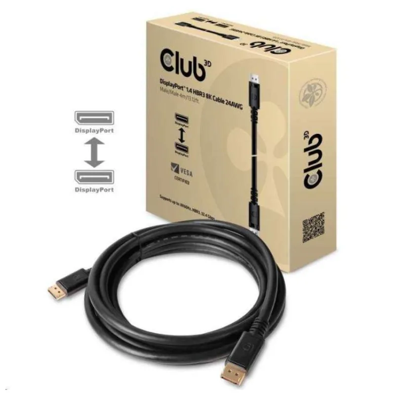 Club3D Kabel certifikovaný DisplayPort 1.4 HBR3, 8K60Hz (M/M), černé koncovky, 4m, 24 AWG (CAC-1069B)