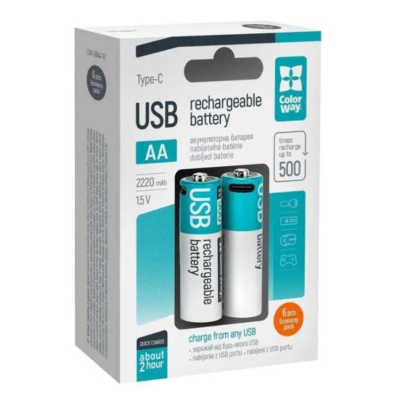 Colorway nabíjecí baterie AA 2200mAh/ USB-C/ 1.5V/ 6ks v balení (CW-UBAA-12)