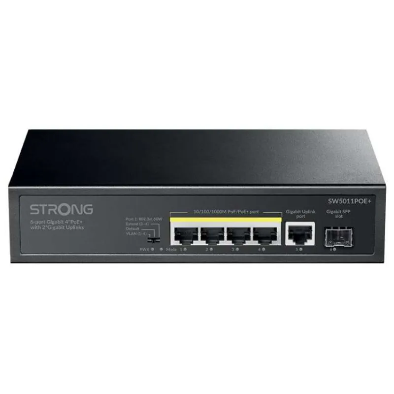 STRONG switch SW5011POE+/ 4x port Gigabit POE+/ 1x Ggabit Uplink port/ 1x Gigabit port SFP/ IEEE802.3af/at/ kovové šasi (SW5011POE+)
