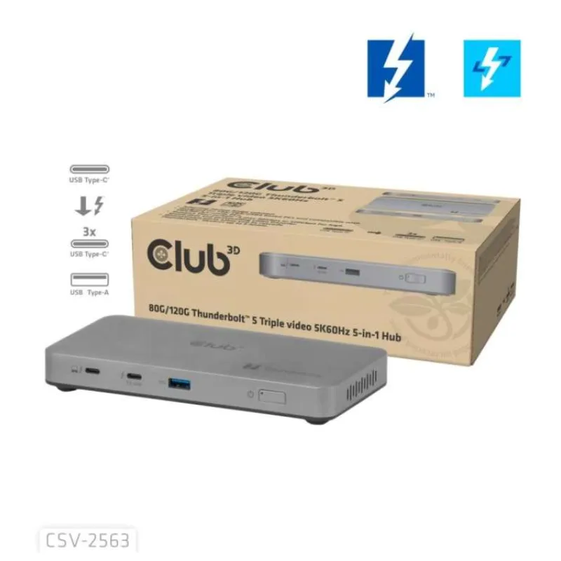 Club3D hub Thunderbolt 5 5v1, 3x USB-C TB5, 1x USB-A, 1x8K60Hz, 3x 5K60Hz, certifikace Thunderbolt Share, 180W (CSV-2563)