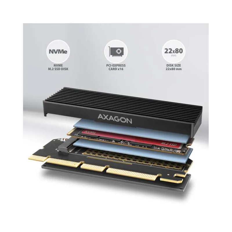 AXAGON PCEM2-XS, PCIe x16 - M.2 NVMe M-key slot adaptér, kryt s chladičem pro pasivní chlazení (PCEM2-XS)