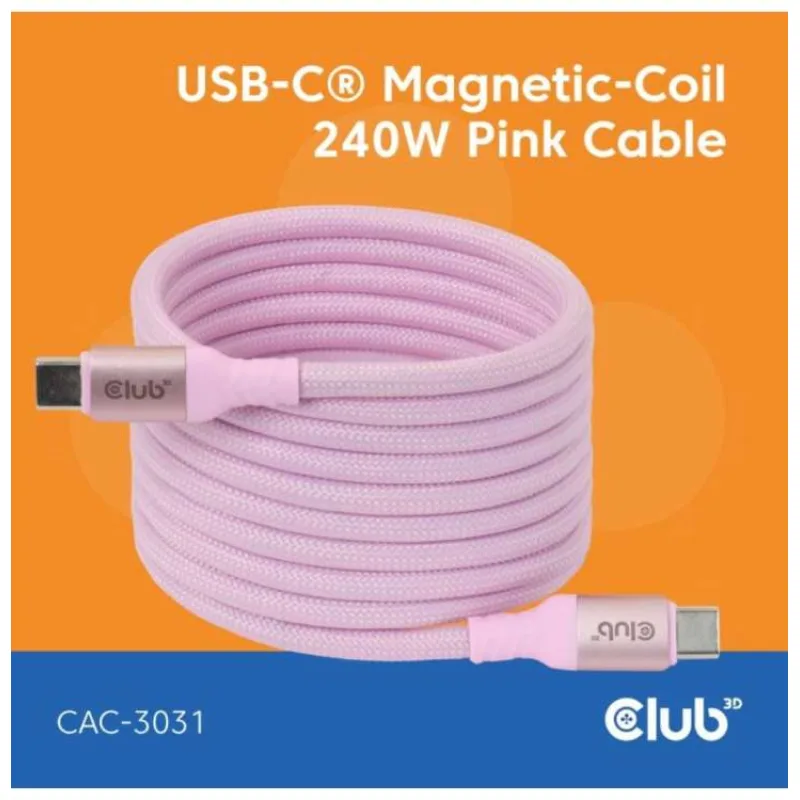 Club3D Kabel magnetický USB-C, 240W PD3.1, 480 Mbps, 2m, růžová (CAC-3031)
