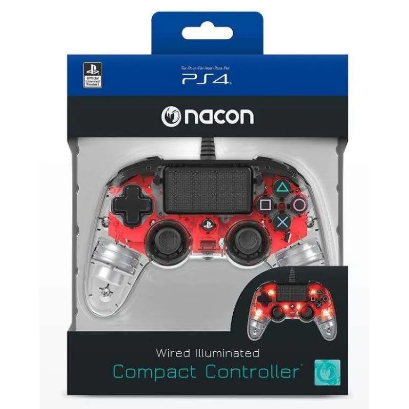 Nacon Wired Compact Controller - ovladač pro PlayStation 4 - průhledný červený (PS4OFCPADCLRED)