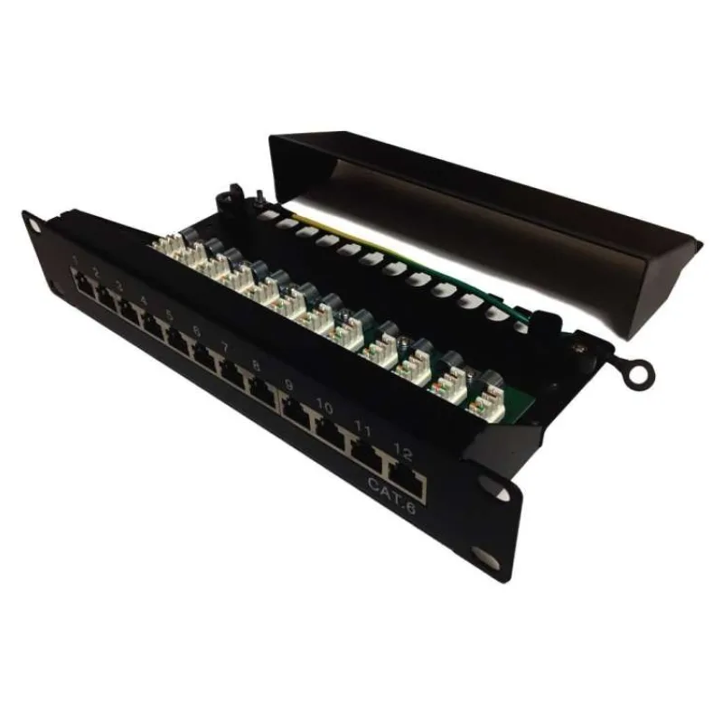 XtendLan Patch panel 10", 12 portů, 1U, Cat6, stíněný, LSA, s krytem, vodorovné umístění konektorů, zemnič, černý (PP0-12C6S-LSA-HG)