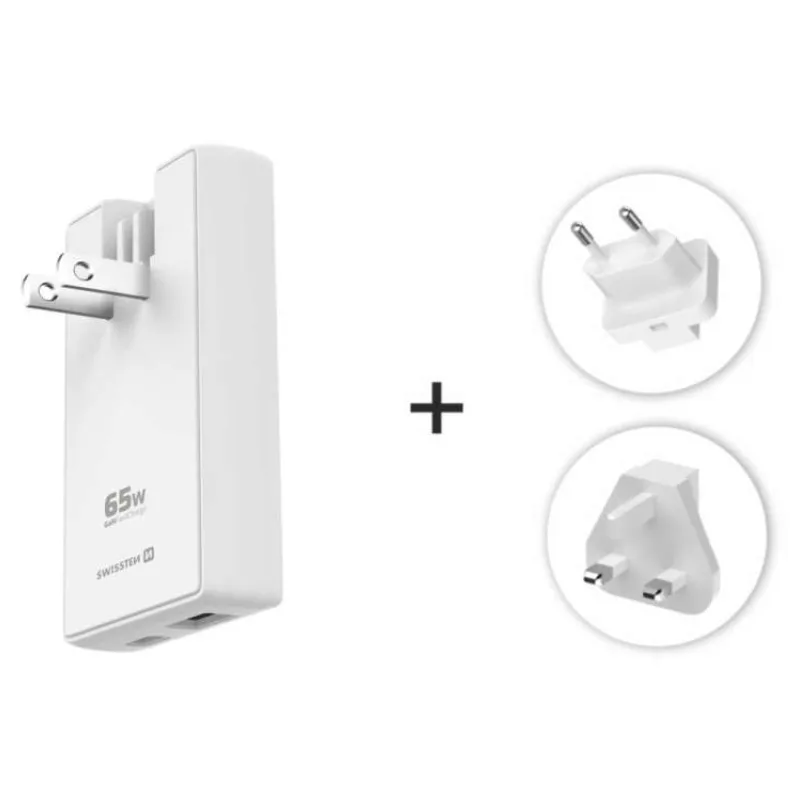 Swissten cestovní adaptér GaN USB-C + USB-A 65w výměnné vidlice (US, EU, UK) bílý (22071420)