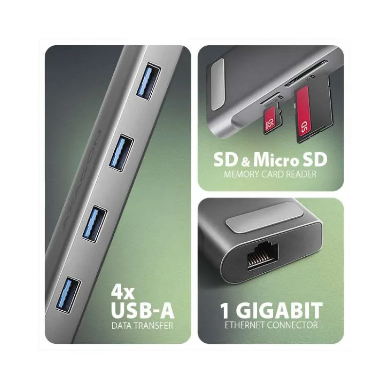 AXAGON HMC-10HLS, USB 5Gbps hub, 4x USB-A, HDMI 4k/60Hz, RJ-45 GLAN, SD/mSD, PD 100W, kábel 25cm (HMC-10HLS)