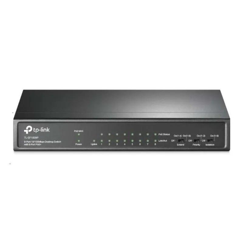 9-Port 10/100 Mbps Desktop Switch with 8-Port PoE+ PORT: 8× 10/100 Mbps PoE+ Ports, 1× 10/100 Mbps Non-PoE Ports SPEC: 8 (TL-SF1009P)