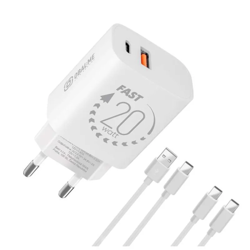 OBAL:ME Cestovní Nabíječka USB-A + USB-C 20W + 2x kabel 1m White (8596311273469)