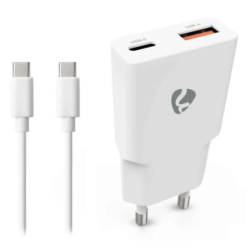 NEDIS síťová nabíječka/ 20 W/ PD 3.0/ rychlé nabíjení/ 1.5 / 2.0 / 2.22 / 3.0 A/ USB-A/ USB-C/ bílá/ kabel 1,5m (WCHA20WTUC)