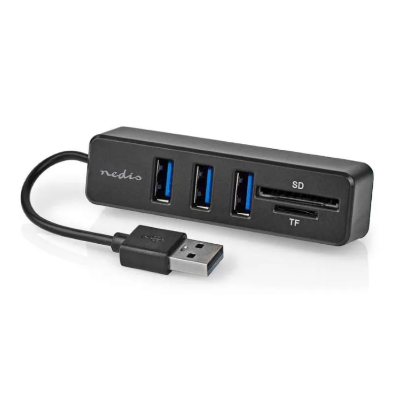 NEDIS USB hub/ zástrčka USB-A/ zásuvka USB-A/ 3 porty/ napájení z USB/ SD & MicroSD/ 3x USB/ černý (CCGB60250BK01)