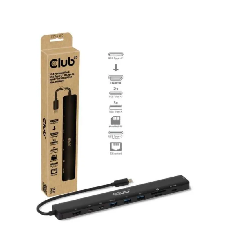 Club3D Dokovací stanice USB-C 10v1, 140W PD, 1xHDMI, 3xUSB-C, 3xUSB, 1xRJ45, černá (CSV-2550)