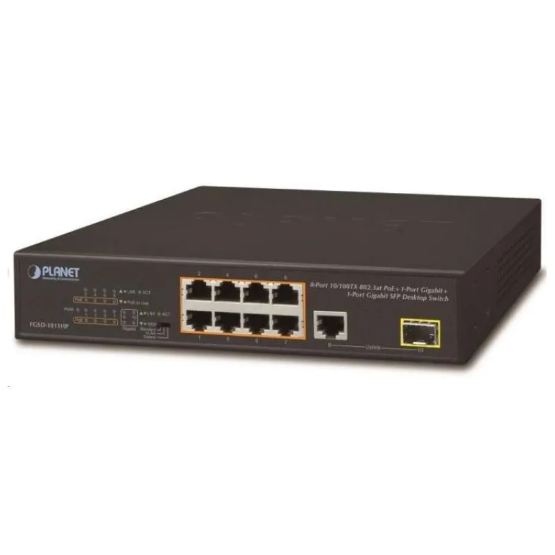 Planet FGSD-1011HP PoE switch, 8x 10/100 PoE, 1x TP + 1x SFP 1000Base-X, extend mód 10Mb, ESD, 802.3at 120W, fanless (FGSD-1011HP)