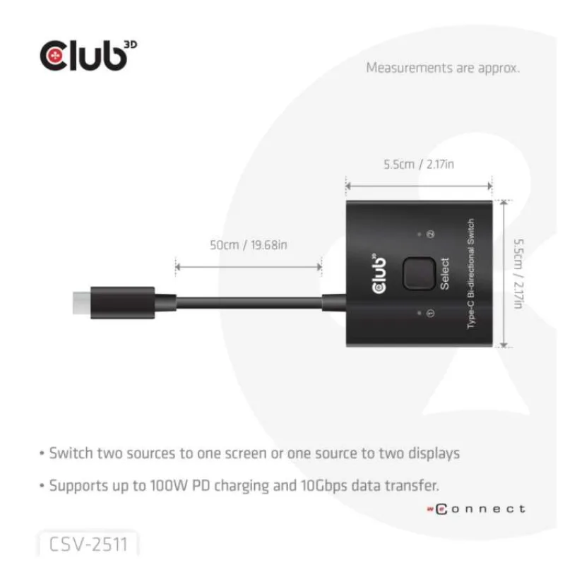 Club3D Switch, USB-C na 2xUSB-C Oboustranný 2v1, 8K60Hz, 4K120Hz, PD 100W (CSV-2511)