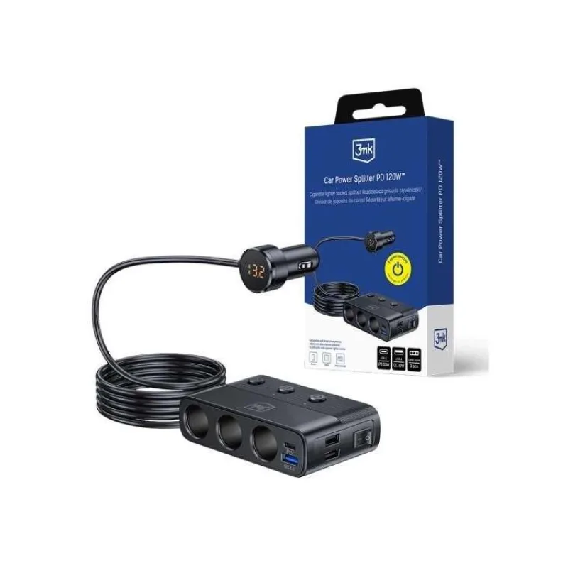 3mk Car Power Splitter 120W PD QC PPS USB 3A1C3 Socket Black (5903108605533)