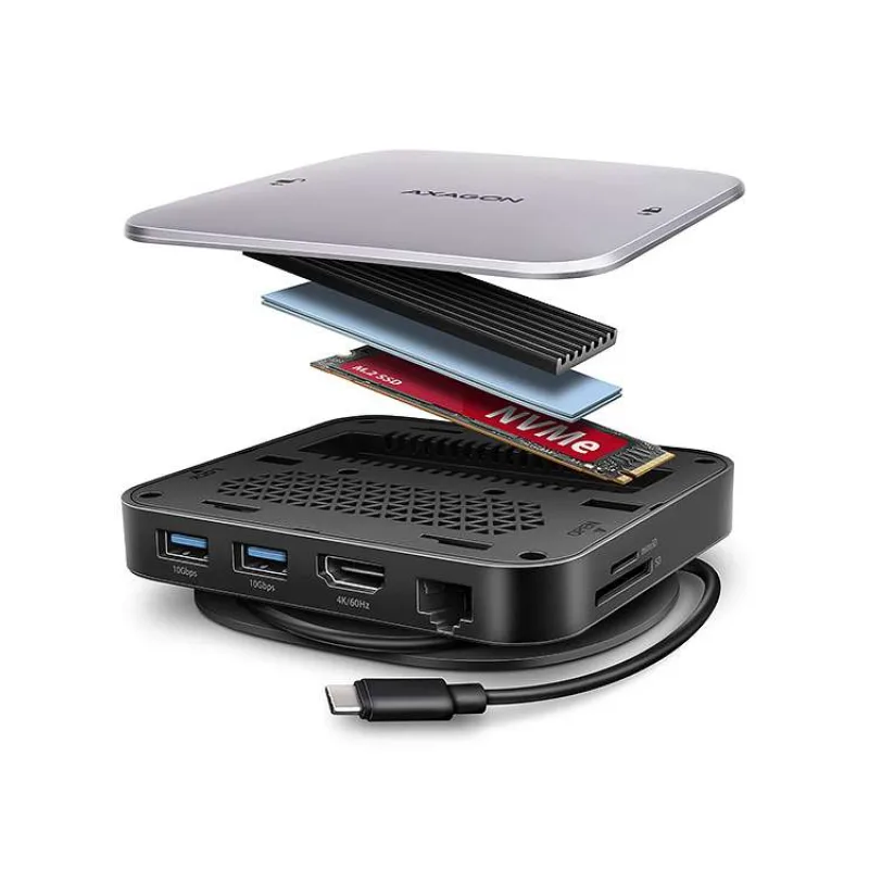 AXAGON HMC-UFO, USB 10Gbps hub, 2x USB-A, USB-C, HDMI 4k/60, RJ-45, M.2 slot, SD/mSD, audio, PD (HMC-UFO)