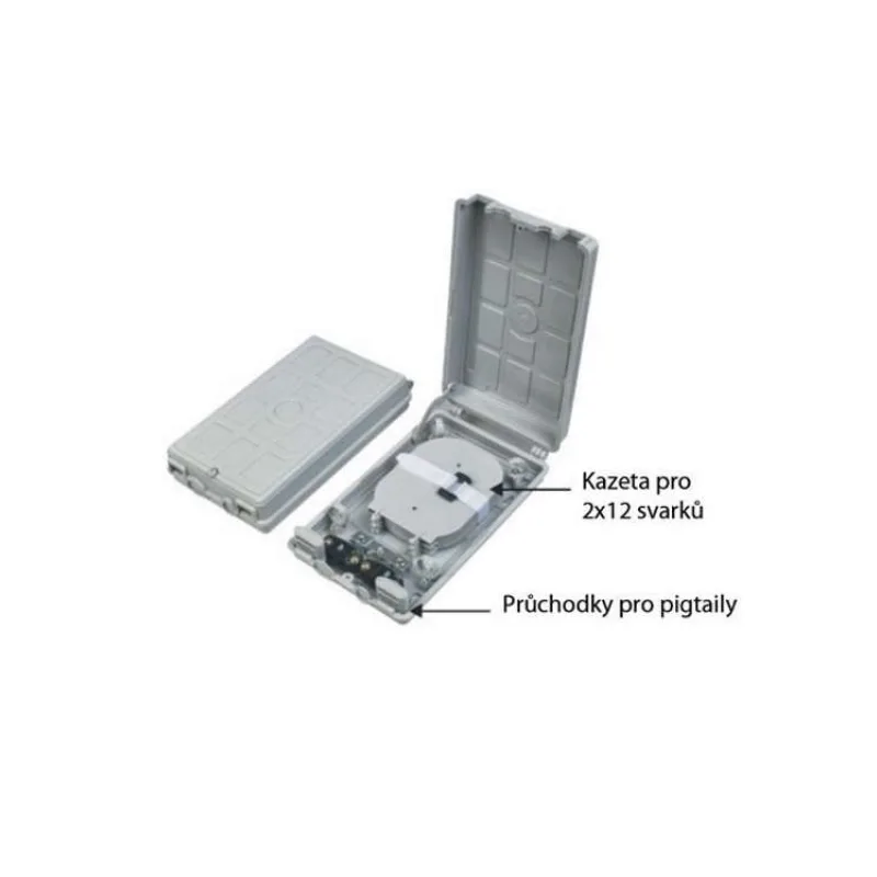 XtendLan plastový rozvaděč pro 24 svarů, 24 pigtailů, 2 kabelové porty, odklopná dvířka (ORS-224)