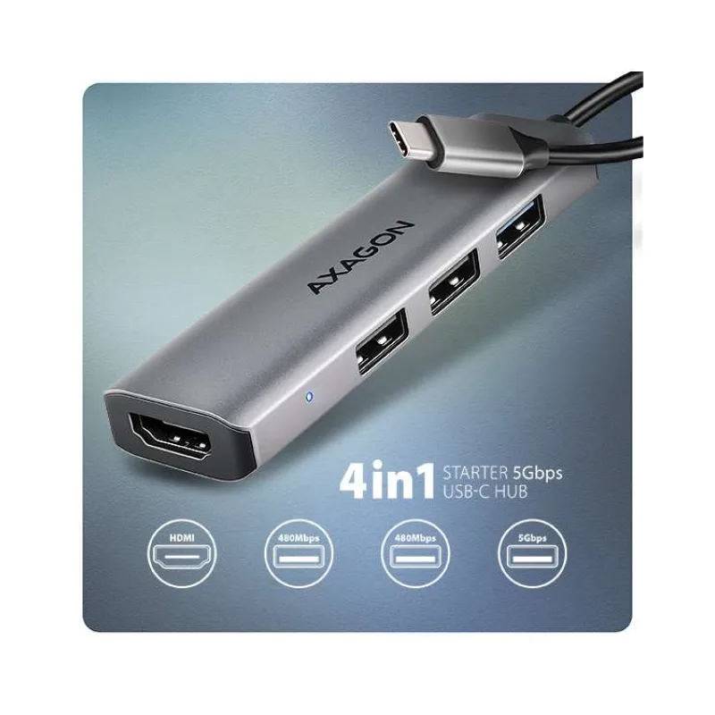 AXAGON HMC-H3A, USB 5Gbps hub, 3x USB-A, HDMI 4k/30Hz, kábel USB-C 15cm (HMC-H3A)