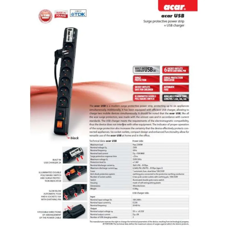 Acar USB 3m kábel 6 zásuviek 2xUSB prep.ochr.čierny (ppacarusb-3)