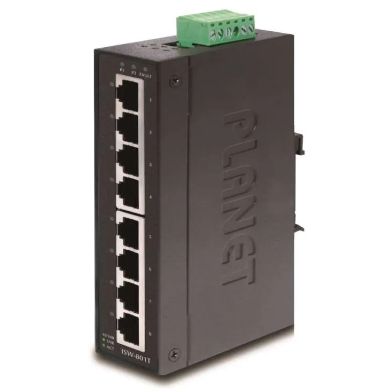 Planet ISW-801T, 8x 10/100, DIN,IP30, rozšířený teplotní rozsah -40~75°C, IEEE 802.3az (EEE), EFT+ESD (ISW-801T)